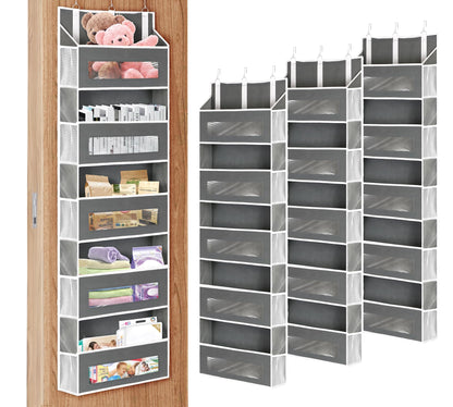 2 Packs 5-Tier Over The Door Organizer with 10 Side Mesh Pockets, 48 lbs Load Capacity, 3 Hooks Design, Hanging Organizer with Clear Windows for Bathroom, Bedroom, Nursery, Kitchen-Grey