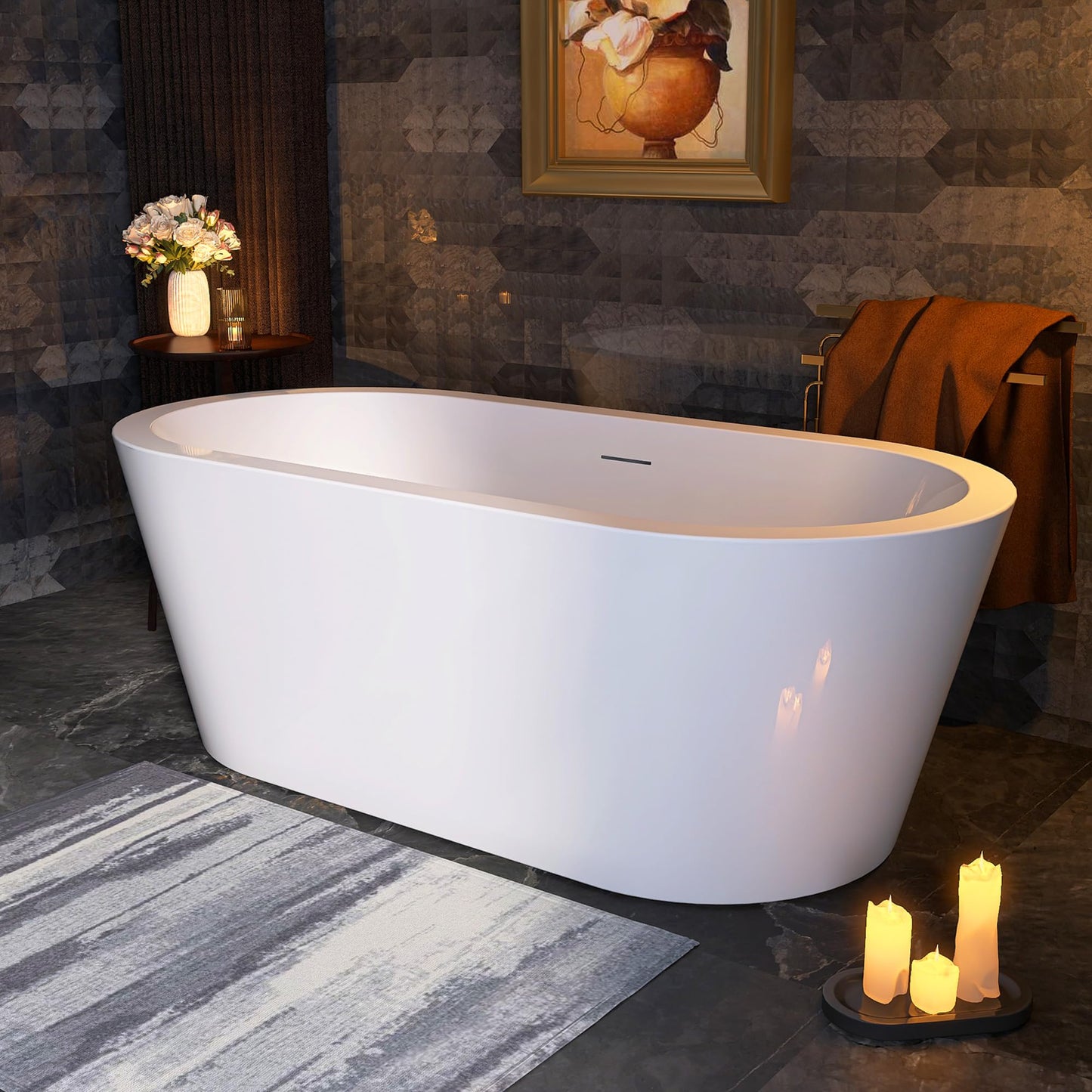 SYLONWILL 61 in. x 31 in.Classic Oval Acrylic Free Standing Tub, Heavy Duty Deep Soaking Tub, Bathroom Stand Alone Tub, Freestanding Bathtub SY1255 (Glossy White)