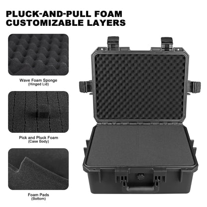 EPDEDICATED Hard Protective Case with Custom Pick-and-Pull Foam - Waterproof Shockproof Equipment Storage, 17.99x16.38x6.02 Inches, Black