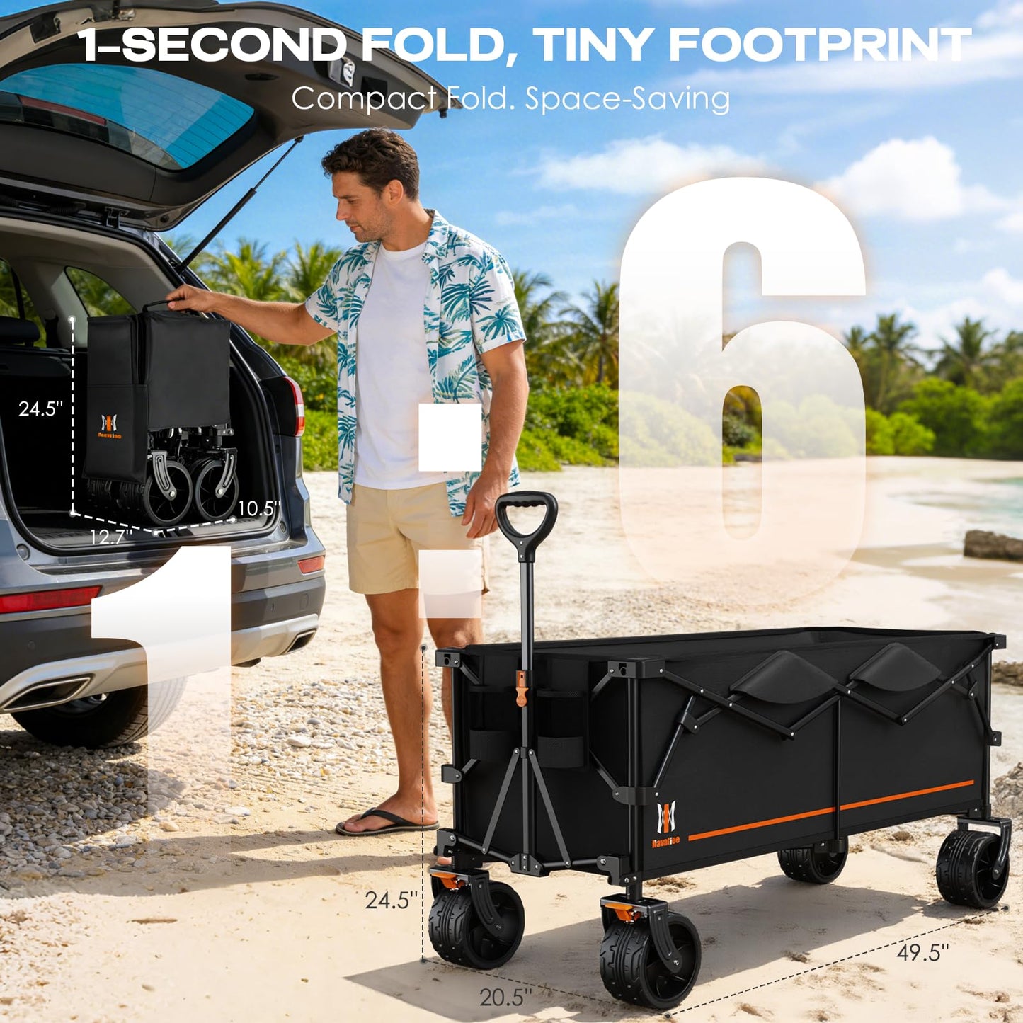 Navatiee 48" L Collapsible Extended Wagon, 440Lbs Heavy Duty Wagons Carts Foldable, 300L Extra Large Beach Wagon with Big All-Terrain Wheels for Sand, Folding Utility Garden Cart for Outdoor, Black