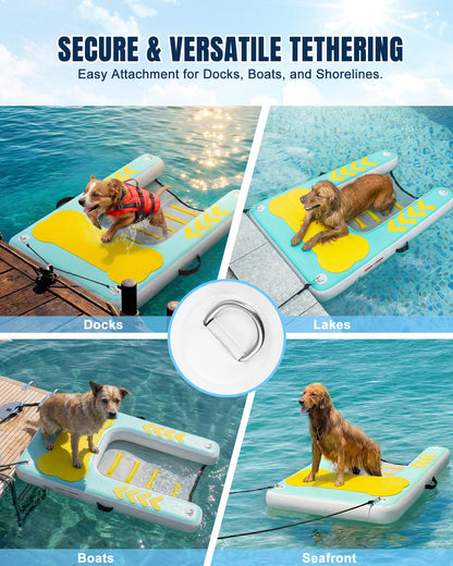 lesotc Inflatable Dog Pool Ramp - 60'' x 40'' Float Dock Platform for Dogs Up to 240 lbs, Non-Slip Floating Platform with Water Ramp for Boat, Pool, Dock, Lake