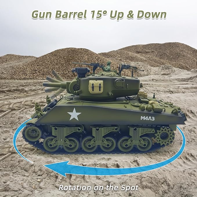 fisca Remote Control Tank 2.4Ghz 15 Channel 1/20 Sherman M4A3 Main Battle RC Tank that Shoot BBS Airsoft for Kids Age 10 11 12-16 Year Old