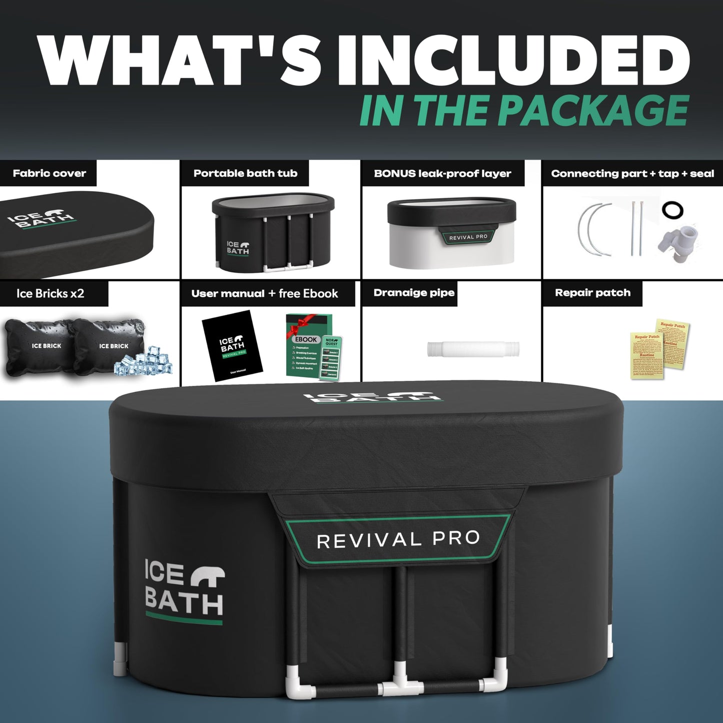 Ice Bath Tub XL - Exclusive Patented Anti-Leak Shield - Cold Plunge Tub With Cover - Ice Bricks x2 - Portable bathtub Outdoor Indoor - Free Ebook