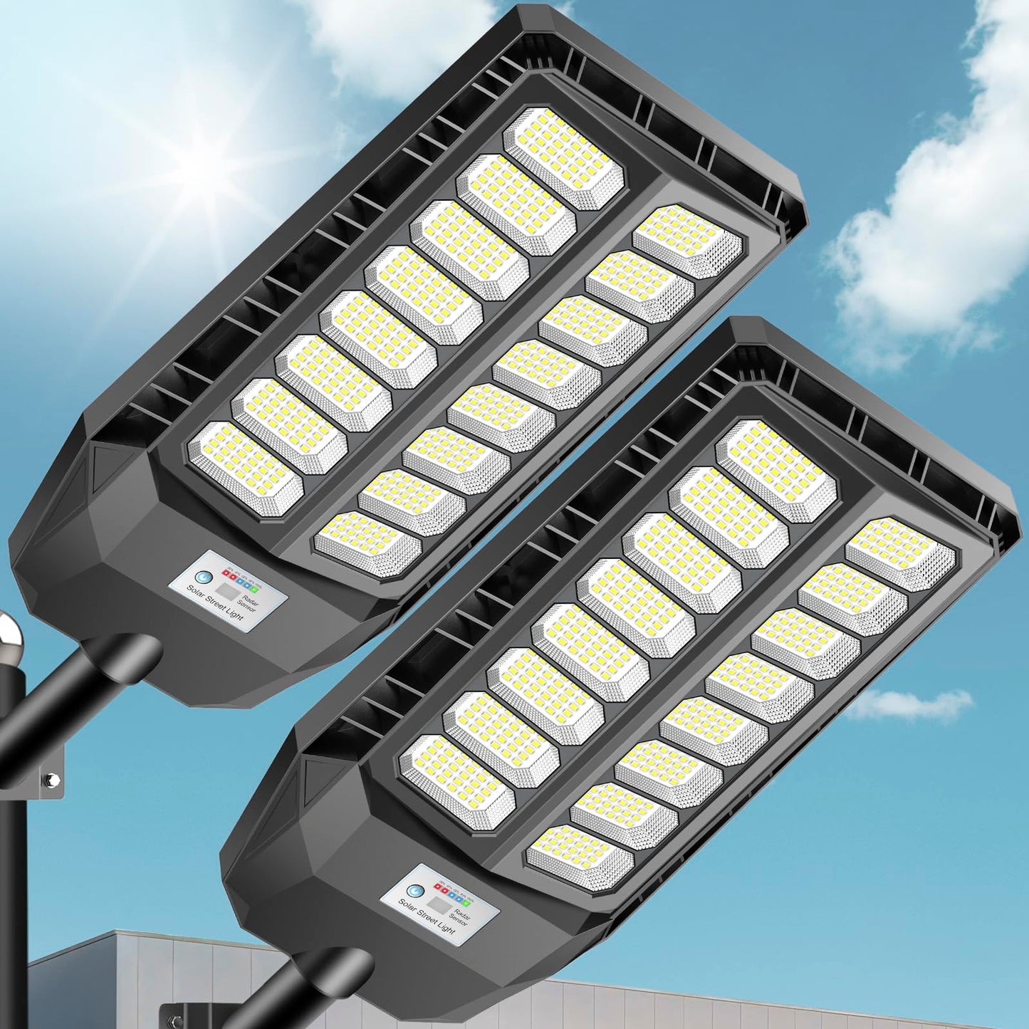 VOOJOY 8000W Solar Street Lights Outdoor, Solar Lights Outdoor Waterproof with Motion Sensor and Remote Control, Parking Lot Light Dusk to Dawn Security Flood Light for Yard, Garden, 2 Pack