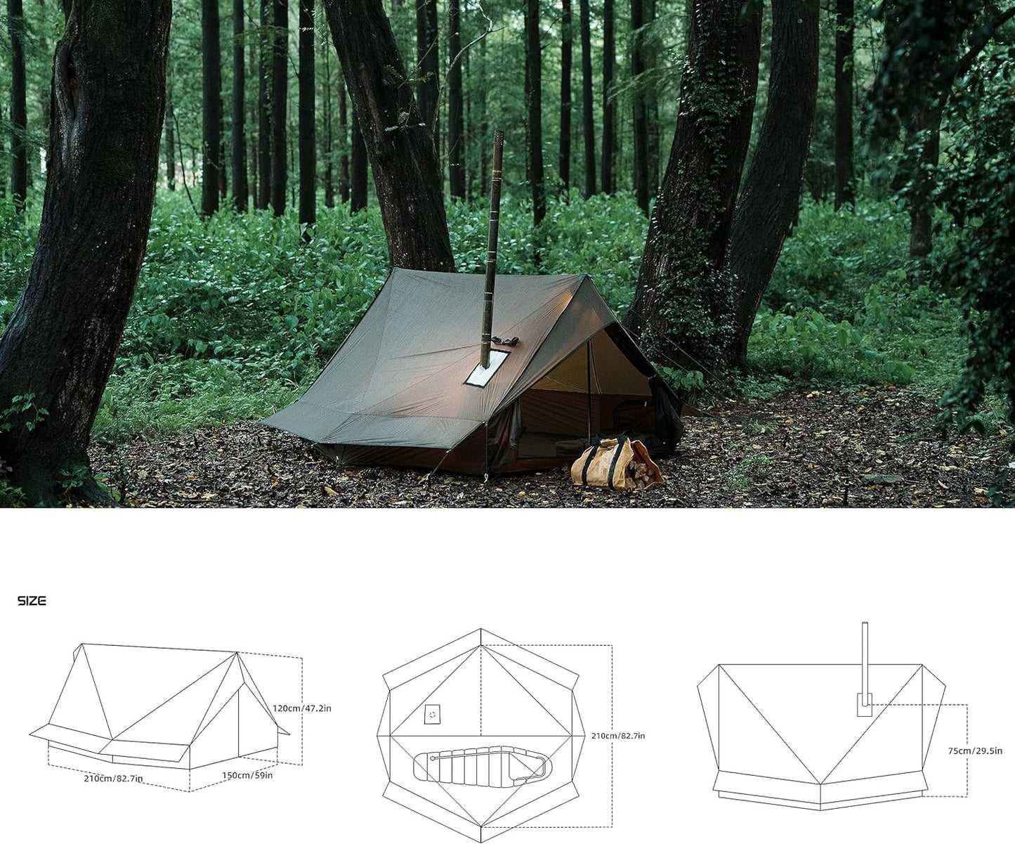 Hot Tent with Stove Jack Camping Tent Winter Tent 4 Season Tent 1-2 Person for Backpacking Camping Hiking Hunting Fishing Waterproof Windproof Lightweight 82 * 59 * 47