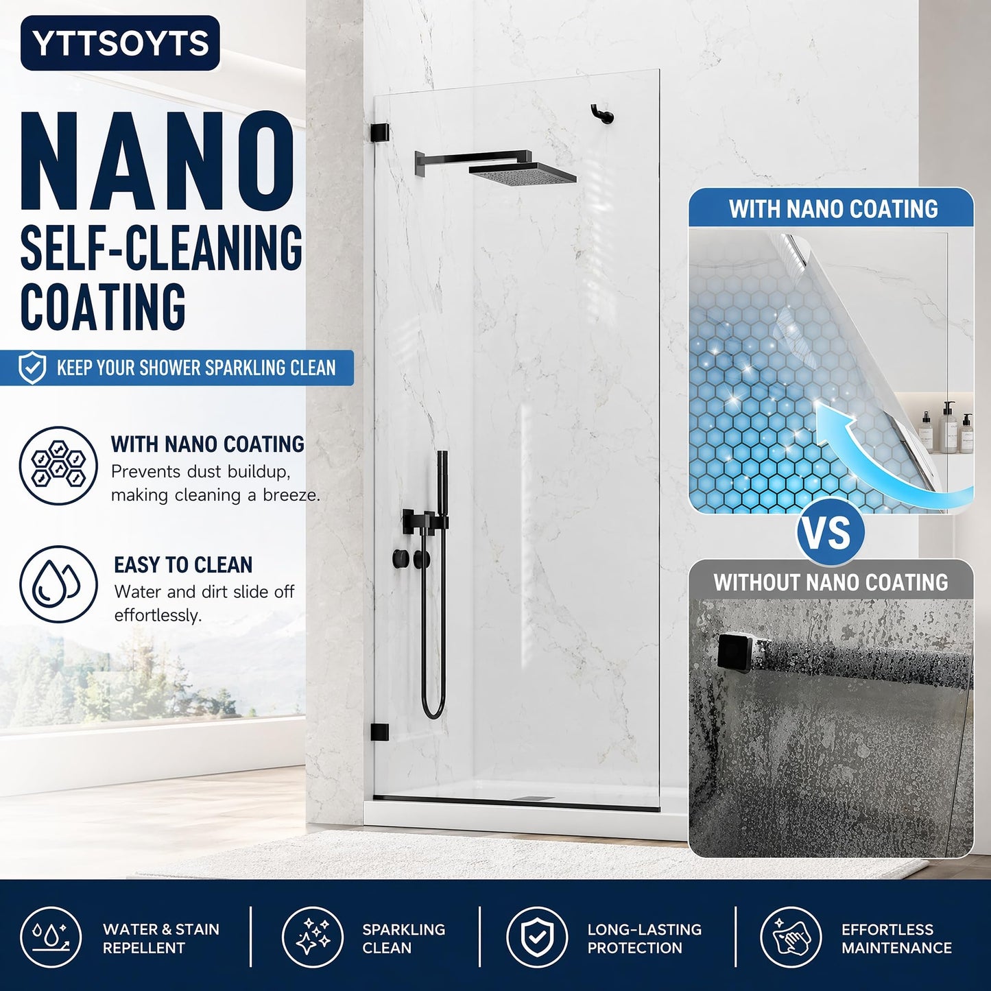 YTTSOYTS Premium Shower Screen 36"×76" Frameless Shower Glass Panel, 3/8'' (10mm) Fixed Glass Shower Panel, Tempered Glass Door Easy Clean Coating, Bathroom Shower Screen with Hook (Matte Black)