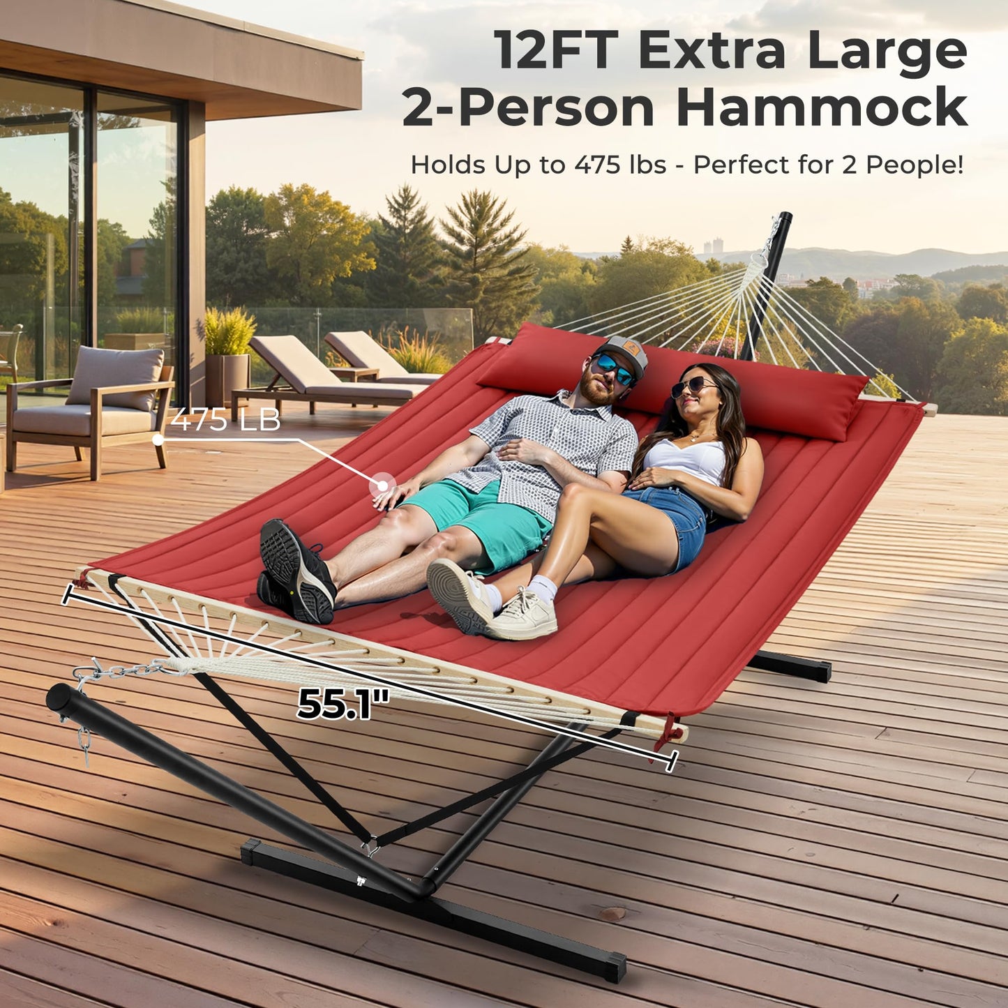 SUPERJARE 12ft Double Hammock with Stand, Rope Hammock for 2 Person, Detachable Hammock Bed and Pillow, Portable, Anti-Tip Safety Ropes, Carry Bag, Outdoor Backyard Patio Camping, Burgundy