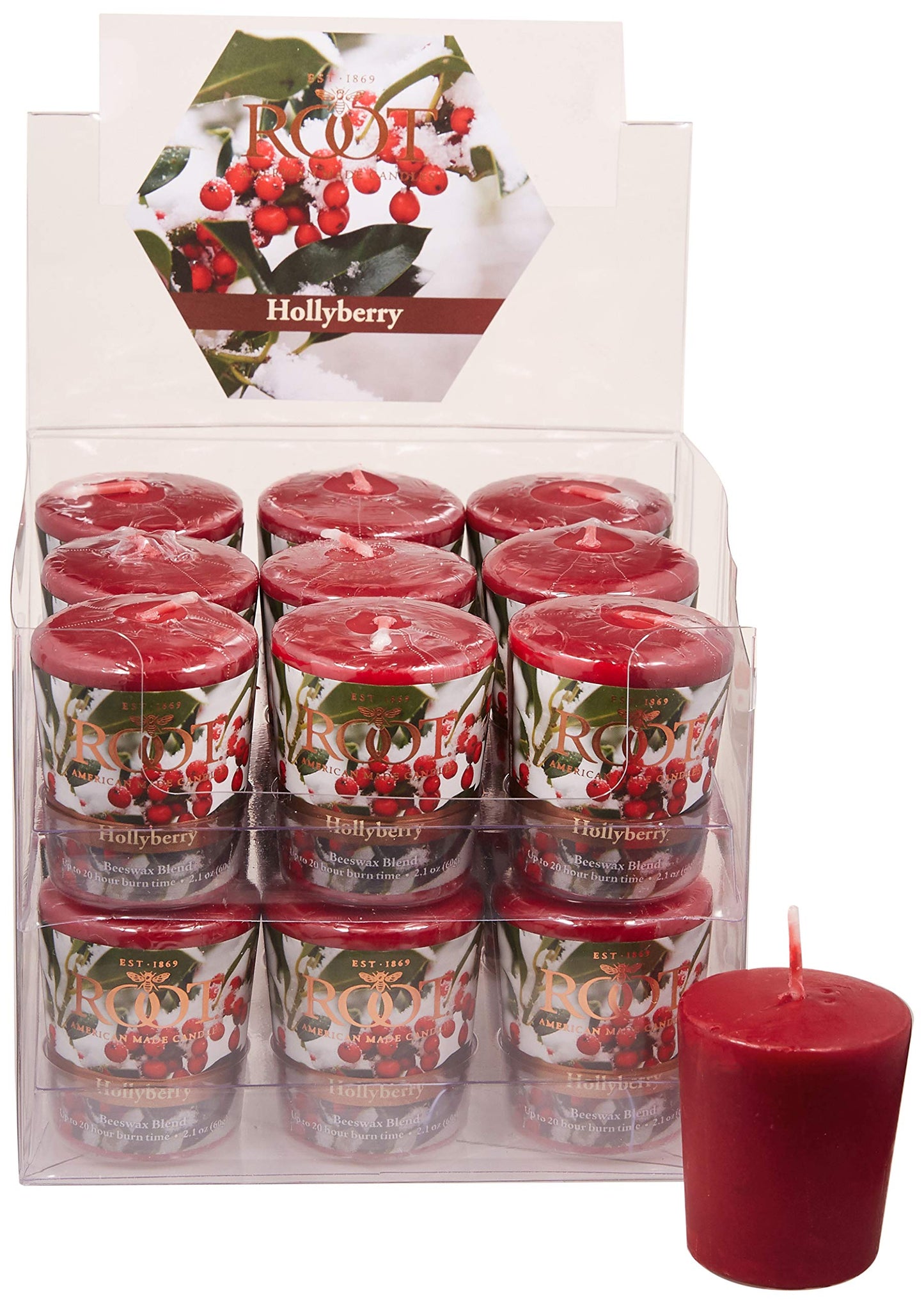 Root Candles Winter Holiday Scented Votive Candles Beeswax Blend Premium Handcrafted 20-Hour Votives, 18-Count, Hollyberry