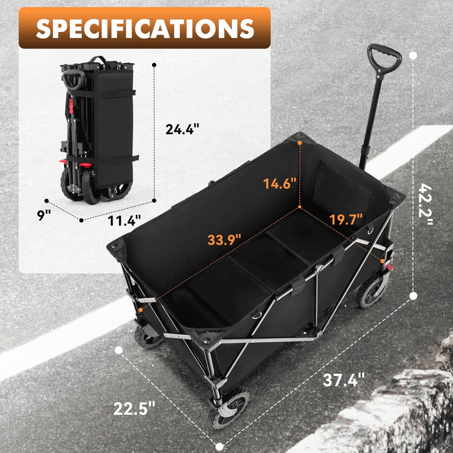 Hikenture Collapsible Wagon 330LBS Capacity, 200L Extra Large Wagons Carts Foldable, Heavy Duty Folding Wagons with All-Terrain Wheels, Utility Beach Cart for Outdoor Garden, Black