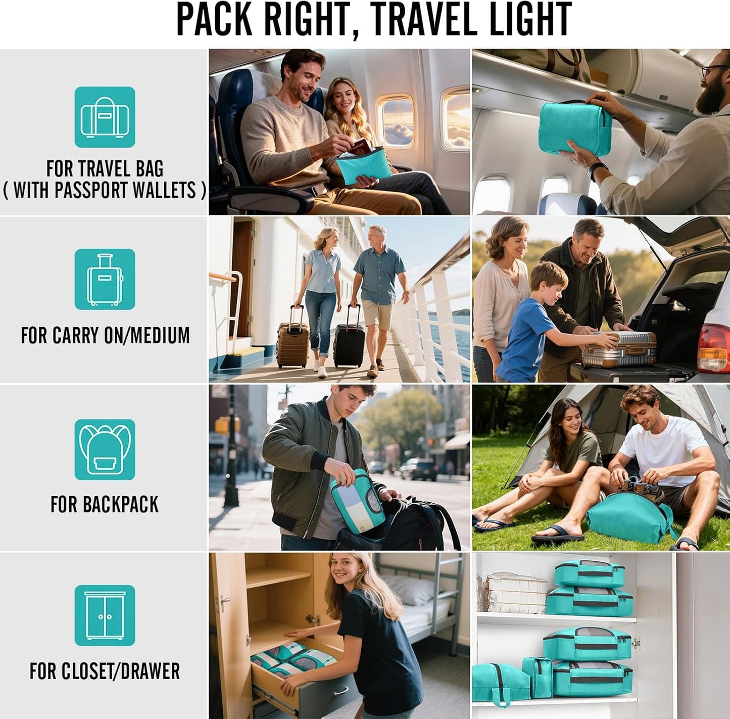 Veken Packing Cubes - Travel Organizer Bags Set with Large Laundry Bag & Passport Holder | 4 Sizes for Suitcase