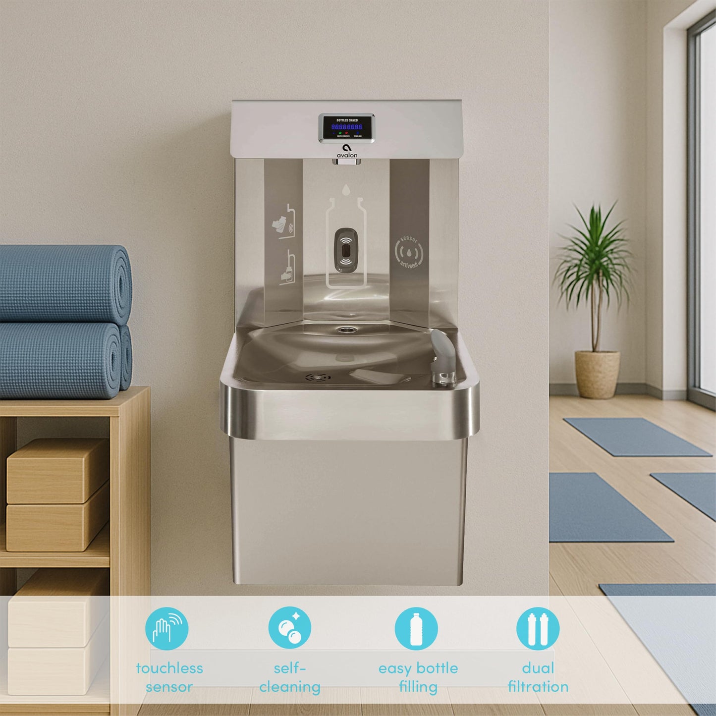 Avalon Wall Mounted Water Fountain with Bottle Filling Station, High Capacity Cooling, Sensor Dispensing, Self Cleaning, Digital Bottle Counter Display, Dual Filtration, ADA Compliant