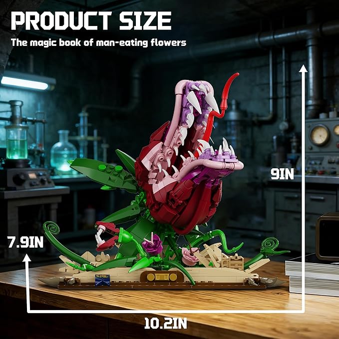 Piranha Plant Building Set for Adults Horror Shop of Cannibal Little Flower Model with Openable Mouth &amp Magic Base Book Gift for Tv Film Fans
