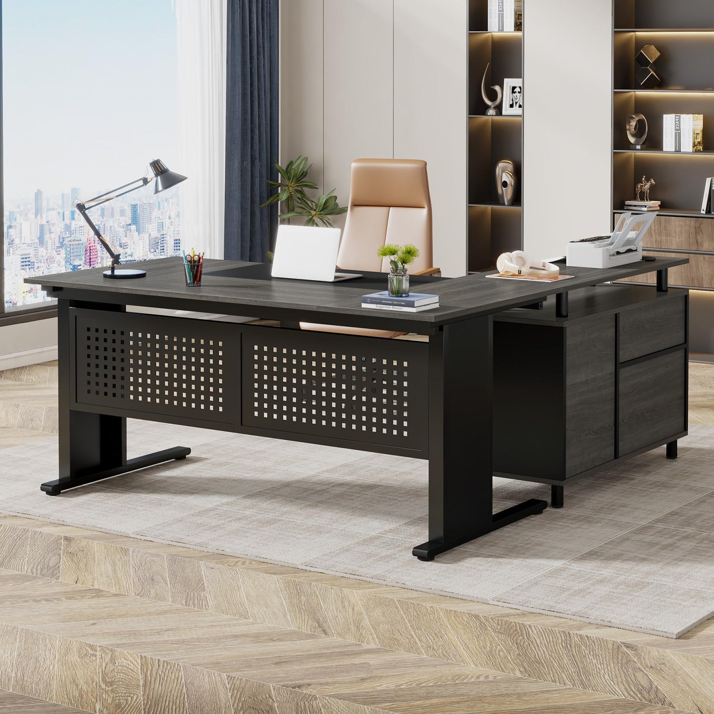 LITTLE TREE Large Computer Desk with File Cabinet, 63 Inch Executive Desk L Shaped Office Desk with Drawers and Storage Shelves, Business Furniture Desk Workstation for Home Office