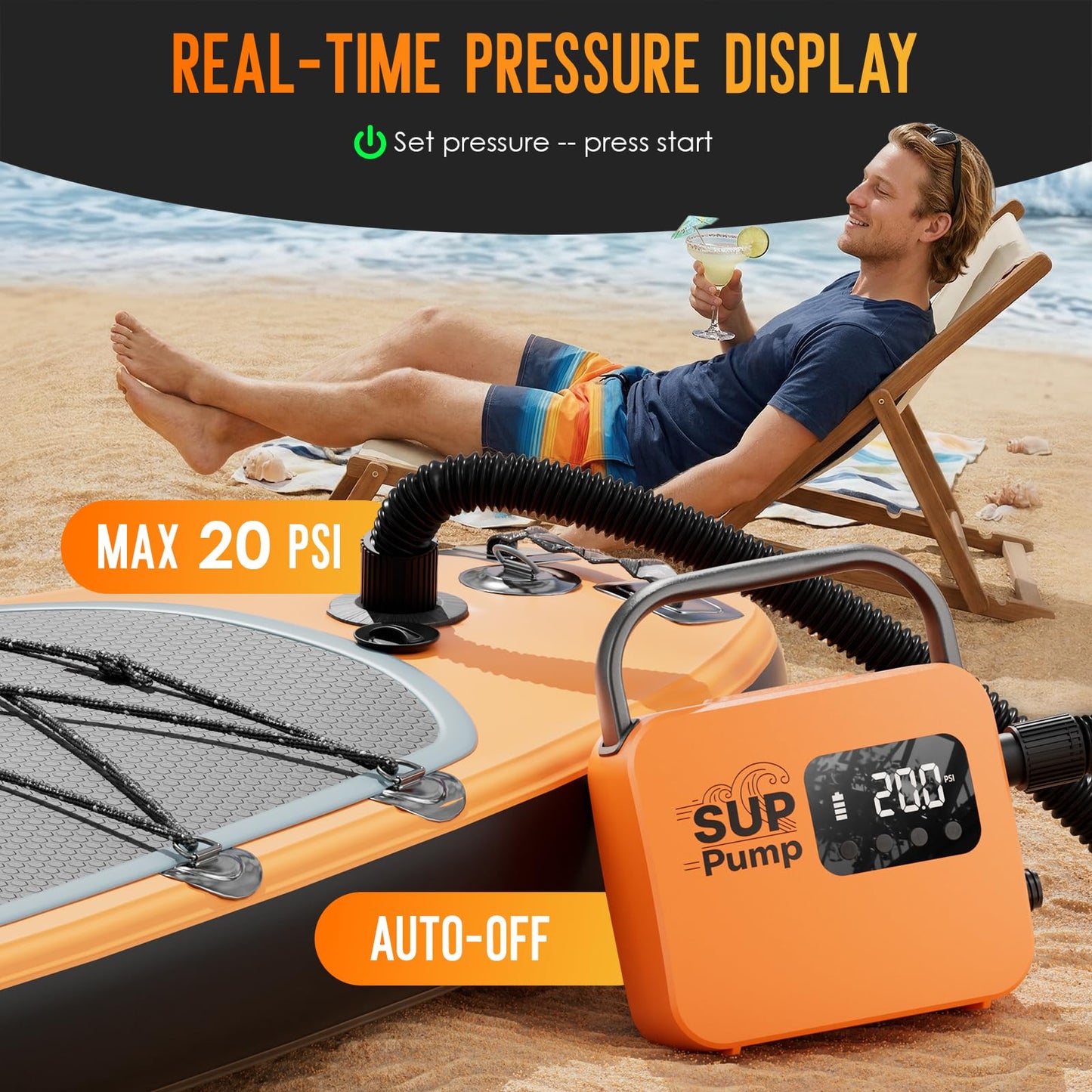 Paddle Board Electric Pump with 18000mAh Battery – 20 PSI, Auto Shut-Off, Inflate & Deflate, AC/12V & USB Emergency Power for Kayaks & Inflatable Boats