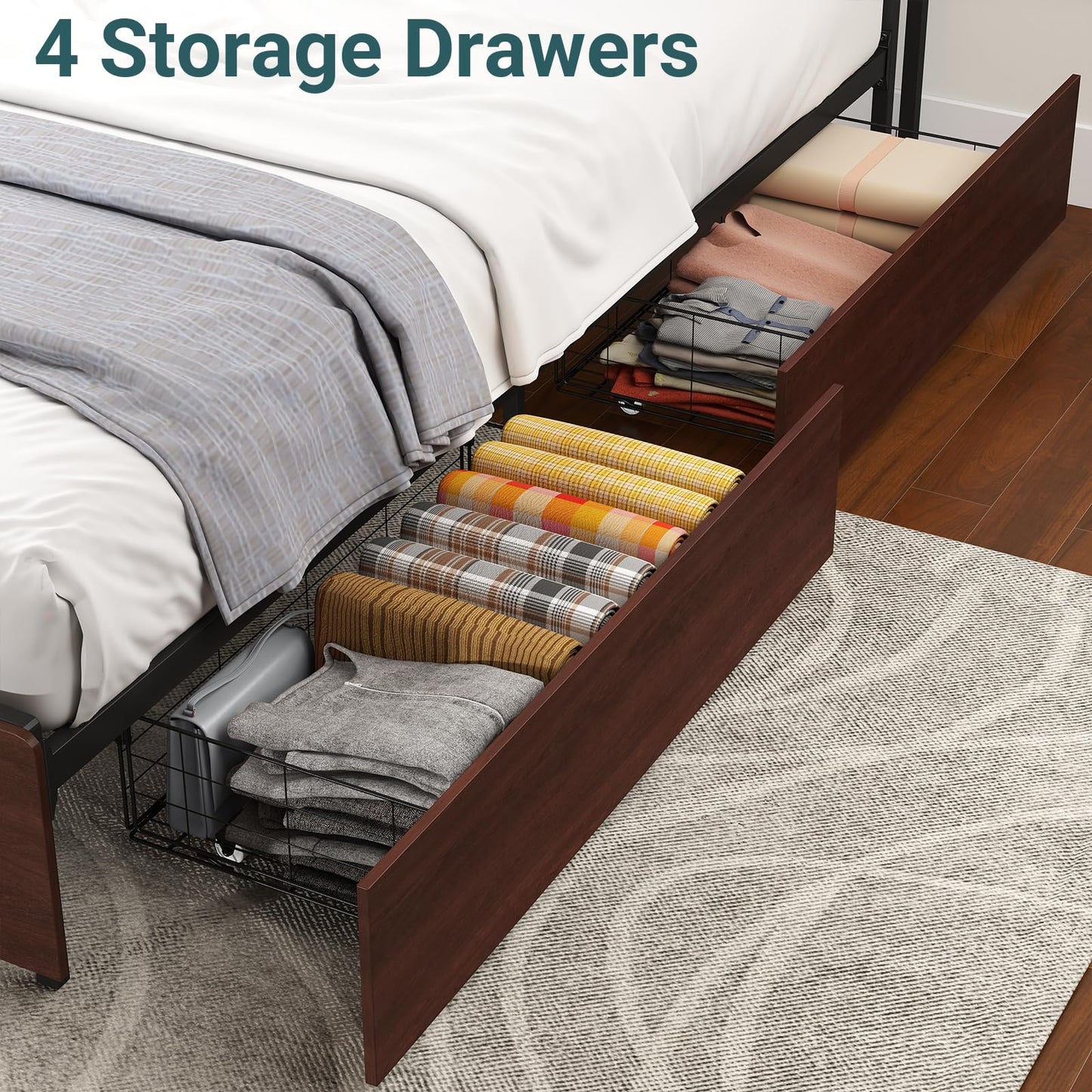 Zevemomo Full Size Bed Frame with 4 Storage Drawers, Full Platform Bed Frames with 2 Tier Storage Headboard, Charging Station, Adjustable LED Light, Noise-Free, No Box Spring Required, Reddish Brown