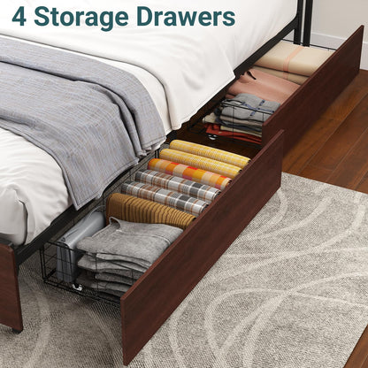 Zevemomo Full Size Bed Frame with 4 Storage Drawers, Full Platform Bed Frames with 2 Tier Storage Headboard, Charging Station, Adjustable LED Light, Noise-Free, No Box Spring Required, Reddish Brown