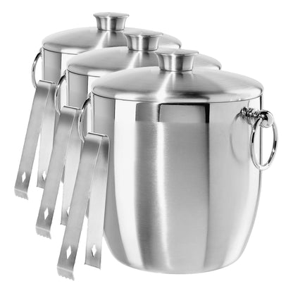 OGGI Double Wall Stainless Steel Ice Bucket - Insulated Ice Bucket with Elegant Steel Lid, Classic Handles Tongs - Great for Home Bar, Chilling Beer, Champagne and Wine - 3 qt (Pack of 3)