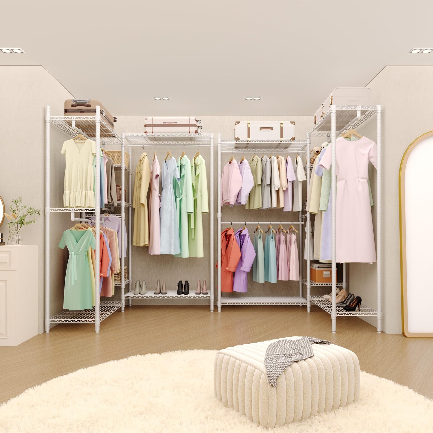 GarveeTech Heavy Duty Garment Rack L Shaped Clothes Rack for Corner,Load 1631LBS,Freestanding Portable Wardrobe Closet with 7 Adjustable Shelves, 4 Hanging Rods for Home,70.5" H x 85.4" L x 17.4" W