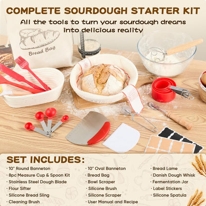 KNEDWRMY Sourdough Starter Kit & Sourdough Bread Baking Supplies-10" Round & Oval Banneton Proofing Baskets, 32 oz Sourdough Starter Glass Jar, Bread Making Tools, for Bread Making/Baking Fermentation