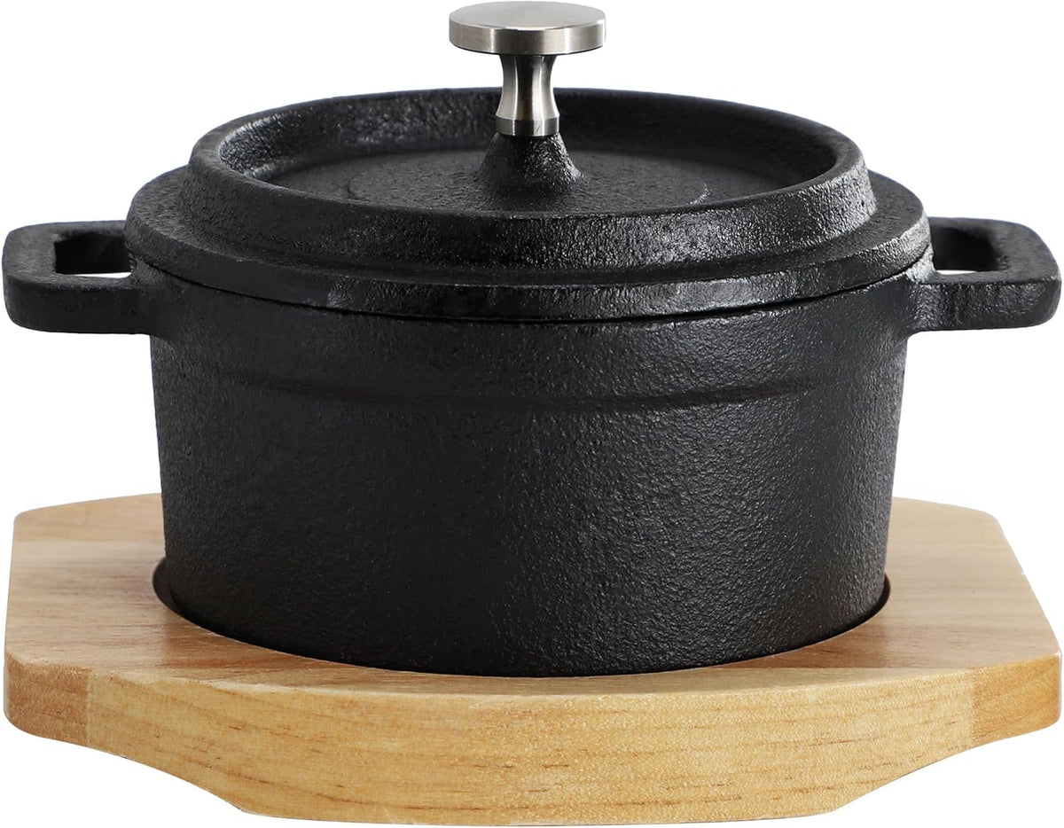 MegaChef Cast Iron Mini Dutch Oven - 8 Ounce Cookware with Wood Tray | Versatile Bakeware & Serveware Set