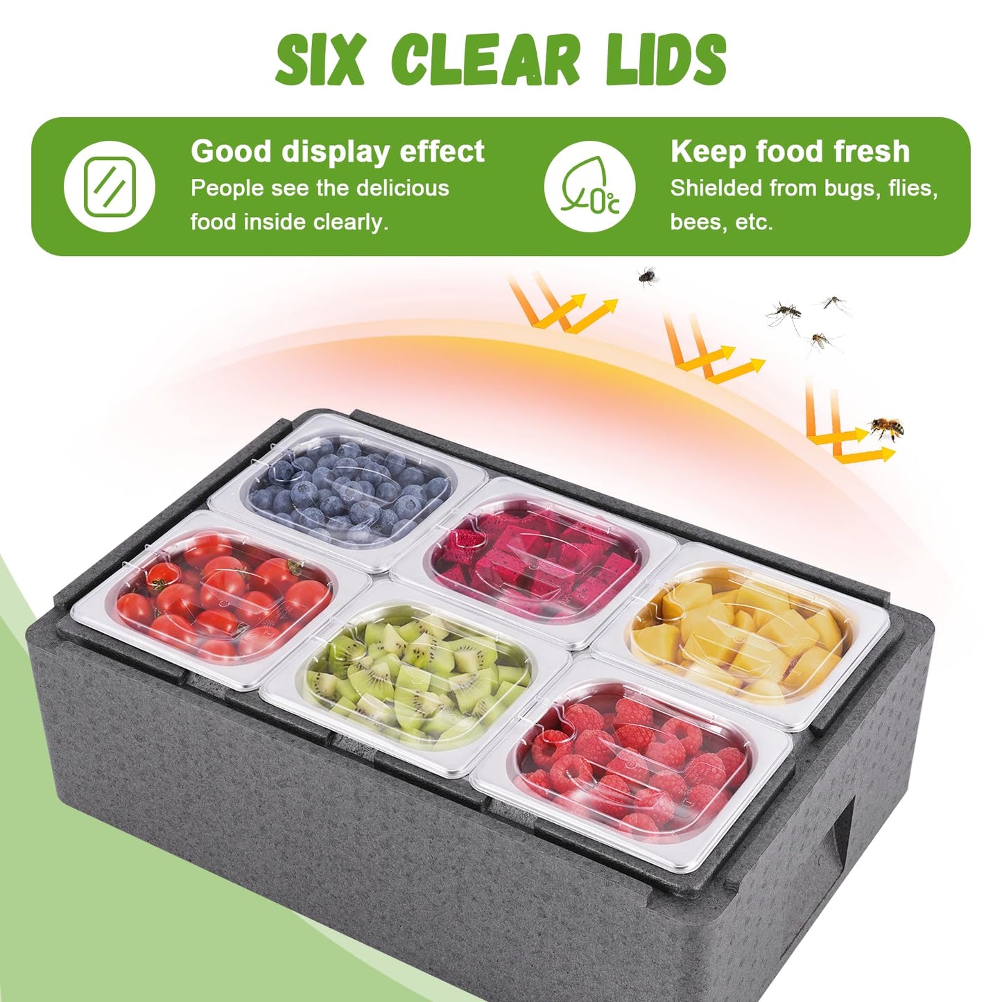 Tragaomx Insulated Cold Food Buffet Ice Serving Trays 6 Lids 6 Pans 2 Ice Packs Insulation Box Cooled Condiment Serving Container Ice Platter Food Cooler for Parties Buffets Fruit Market