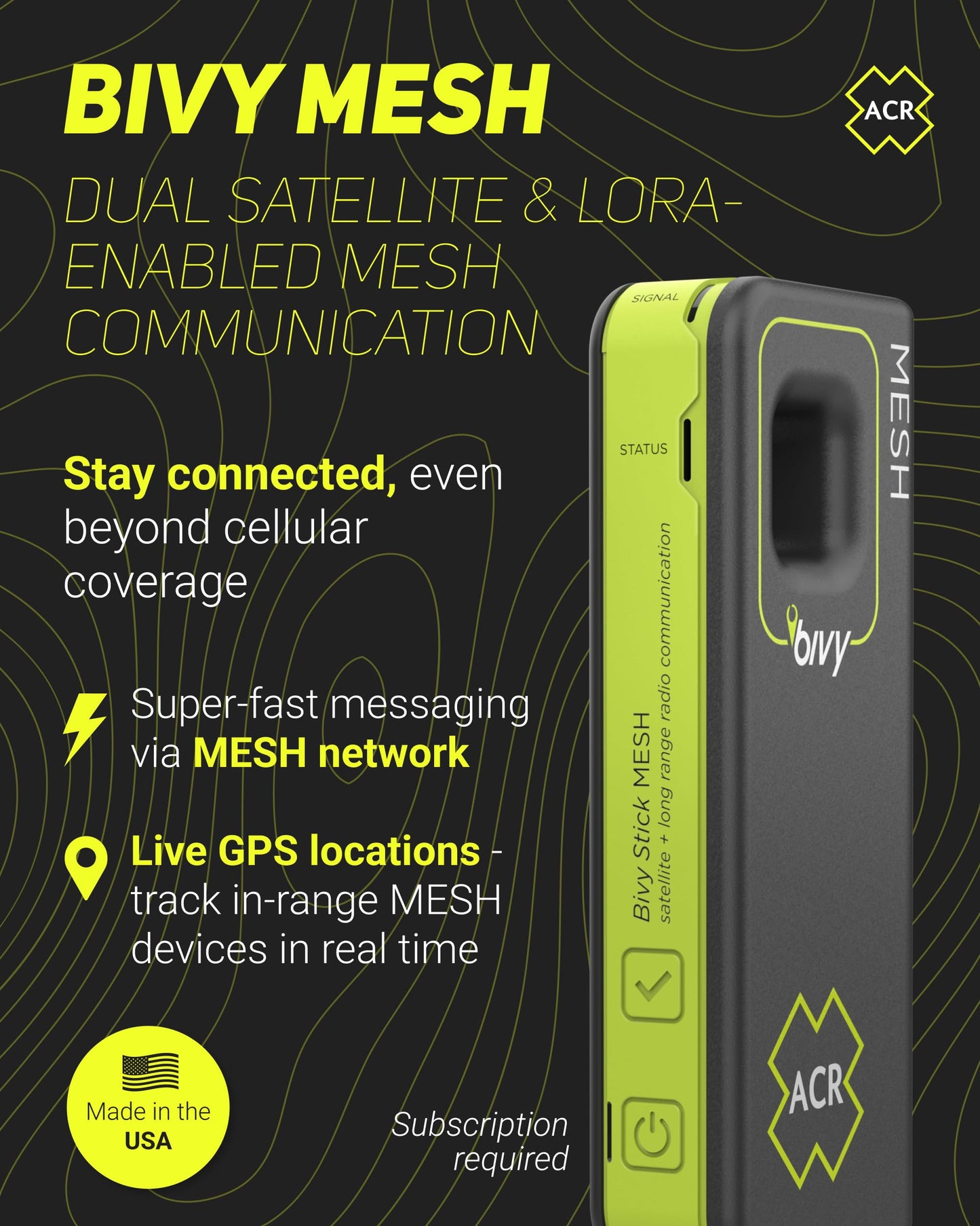 ACR Bivy Stick MESH Satellite Communicator - Dual-Mode LoRa®-Enabled Mesh & Global Iridium Coverage, Two-Way SMS, GPS Tracker, Group Messaging, SOS Emergency with 24hr Reserve Battery - iOS/Android