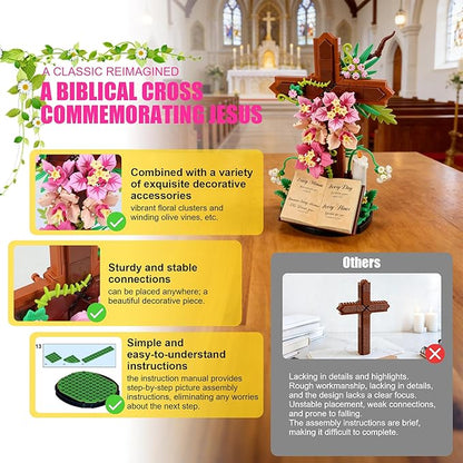 Jesus Cross Flower Building Set for Adults Decorative Cross Building Blocks Great Easter Christmas Christian Birthday Gifts for Mothers Women Adults (363 PCS)