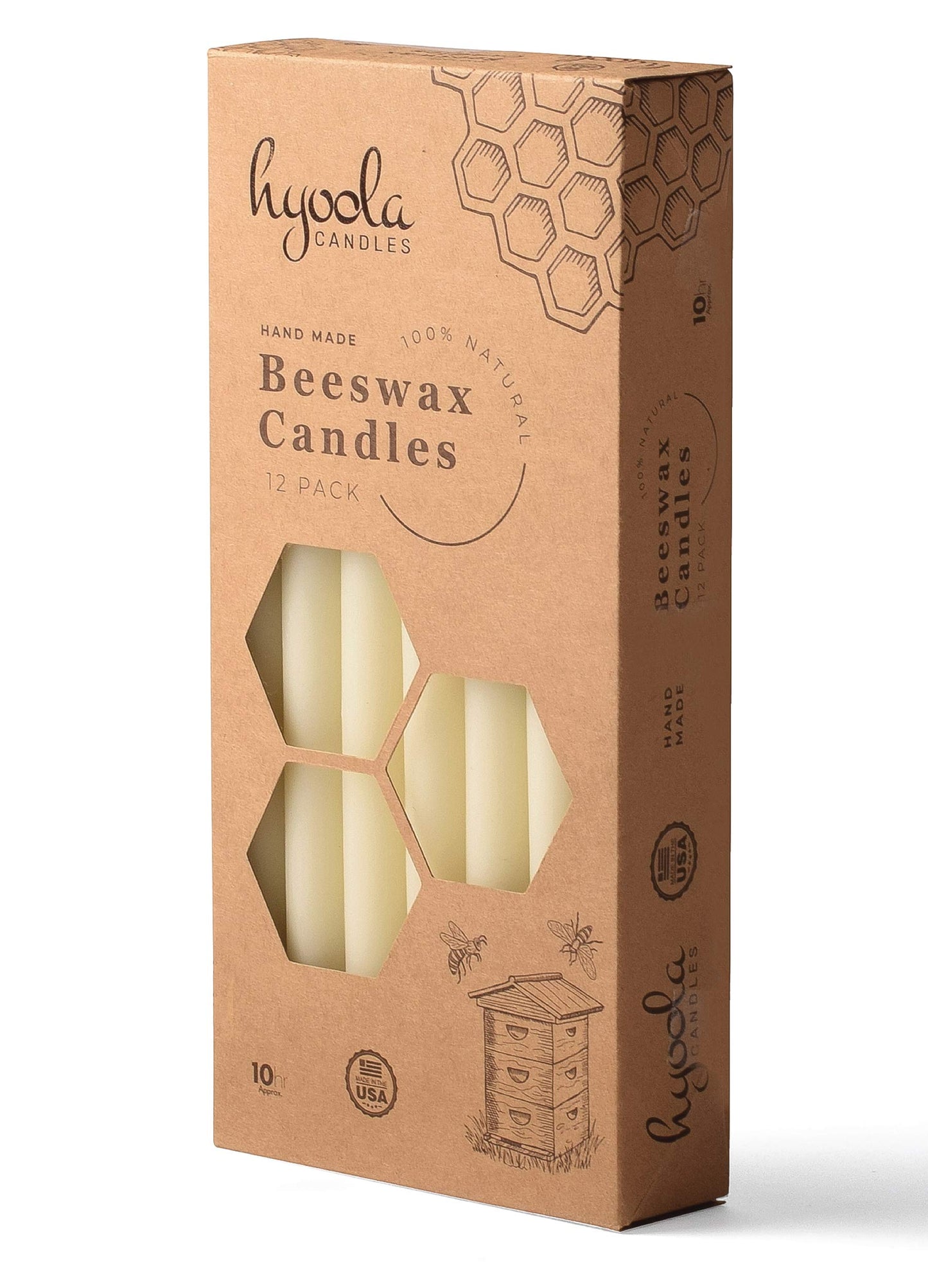 Hyoola 10" Beeswax Taper Candles 12 Pack - Handmade, All Natural, 100% Pure Unscented Bee Wax Candle - Tall, Decorative, White - 10 Hour Burn Time
