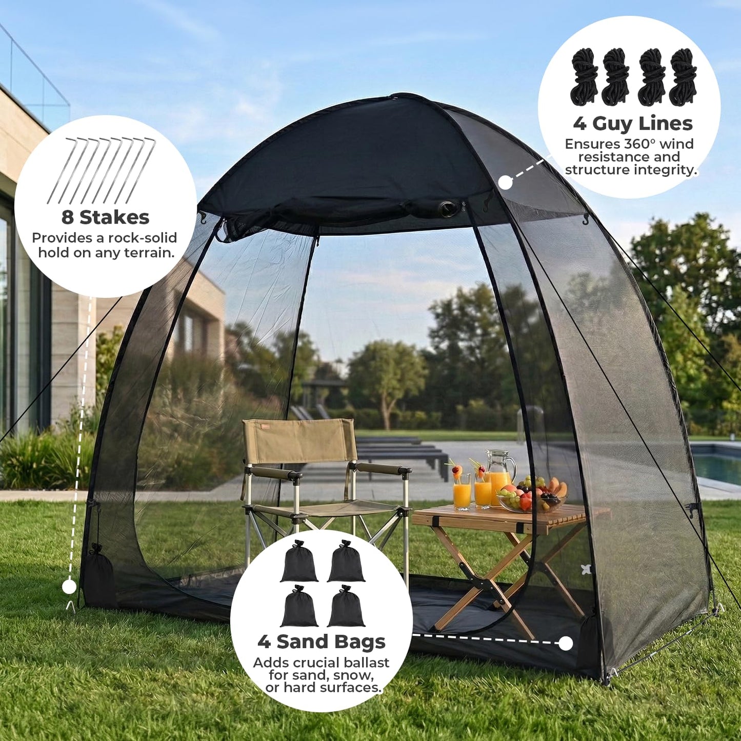 Alvantor® Pop Up Screen House Tent 6x6 FT, Snap-fit Black Mesh Screen Gazebo with Peaked Roof, Portable Screen Room Canopy Shelter with Sunshade & Sandbags for Camping, Backyard, Picnic
