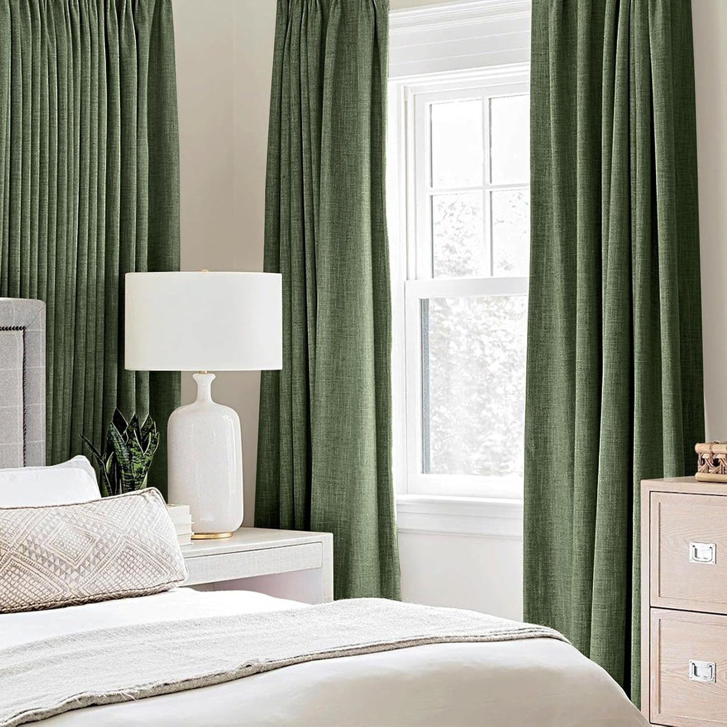 MIULEE 100% Blackout Linen Textured Curtains - Olive Green Thermal Insulated Drapes | 52 x 108 Inch (2 Panels)