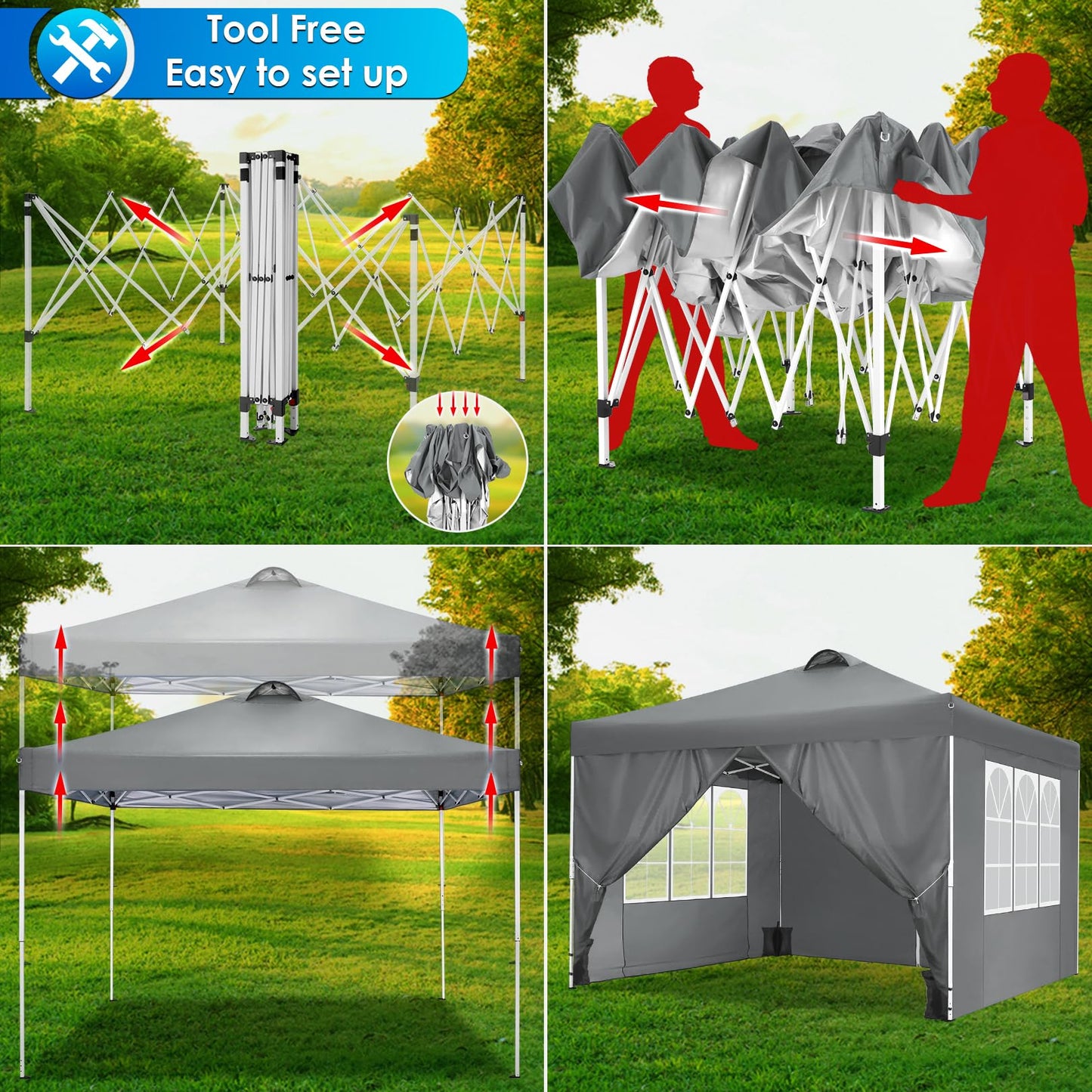 COBIZI Canopy 10x10 Pop Up Canopy Tent with 4 Sidewalls, One Push Party Tents for Parties Outdoor Wedding Waterproof Gazebo Commercial Event Tent with Sandbags, Pigeon Grey