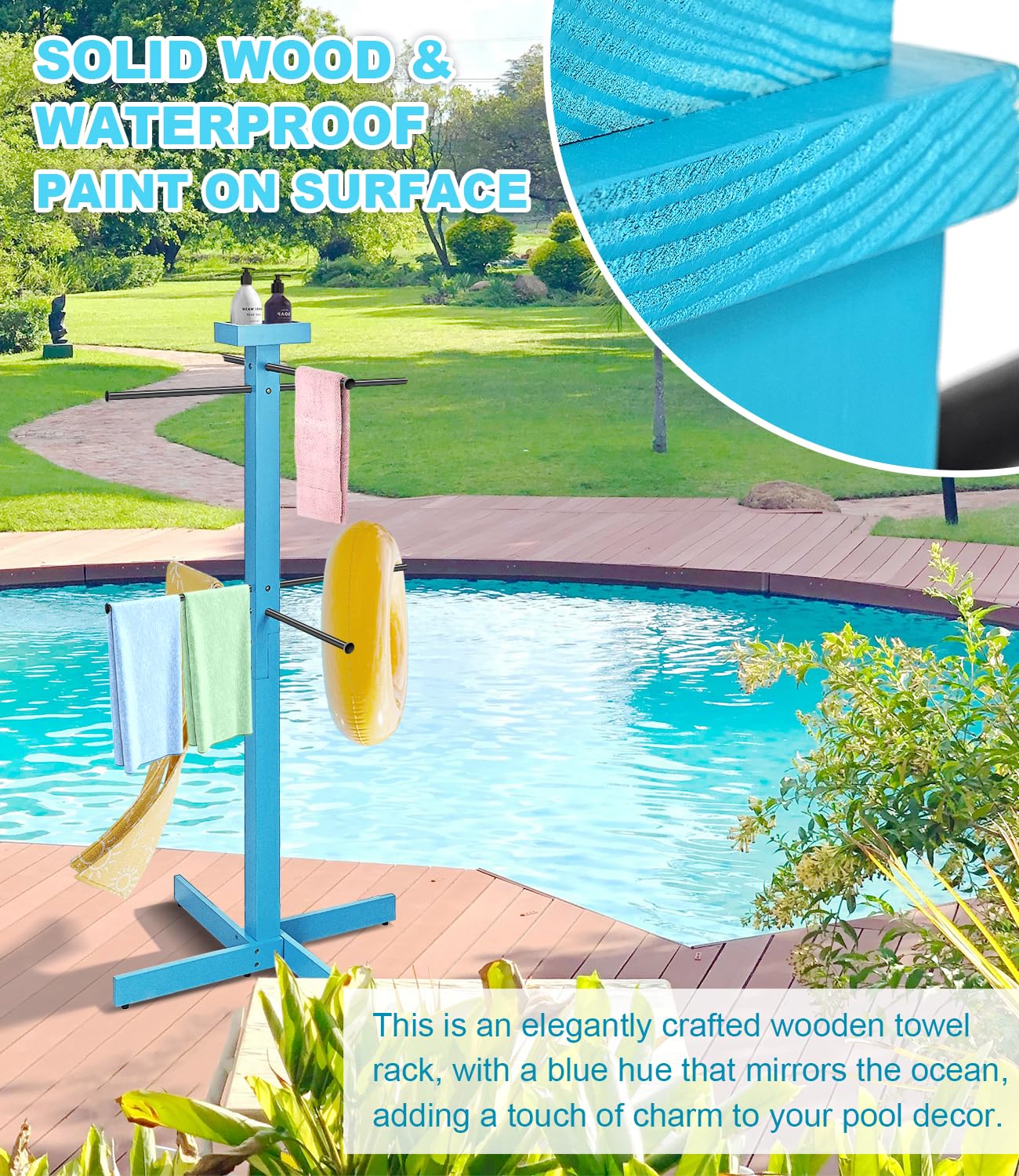 Pool Towel Rack Outdoor, 53in Wood Pool Towel Holder Stand with 4 Adjustable Bars, Outdoor Towel Rack for Pool Area Outside, Waterproof Freestanding Towel Drying Rack for Poolside, Hot Tub, Spa,Beach