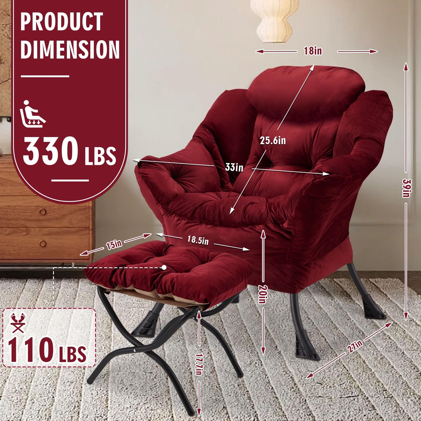Avocahom Accent Lazy Chair with Ottoman,Leisure Sofa Armchair with Footrest,Oversized Reading Chair for Bedroom,Dorm Room,Living Room,Courtyard,Office,Dusty Rose