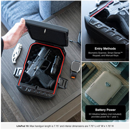VAULTEK LifePod 10 Compact Lockable Weatherproof Case with Built-in Lock, Steel Security Cable, & TSA Handgun Case or Car Safe, Portable Travel Pistol Safe/Covert Black/Biometric