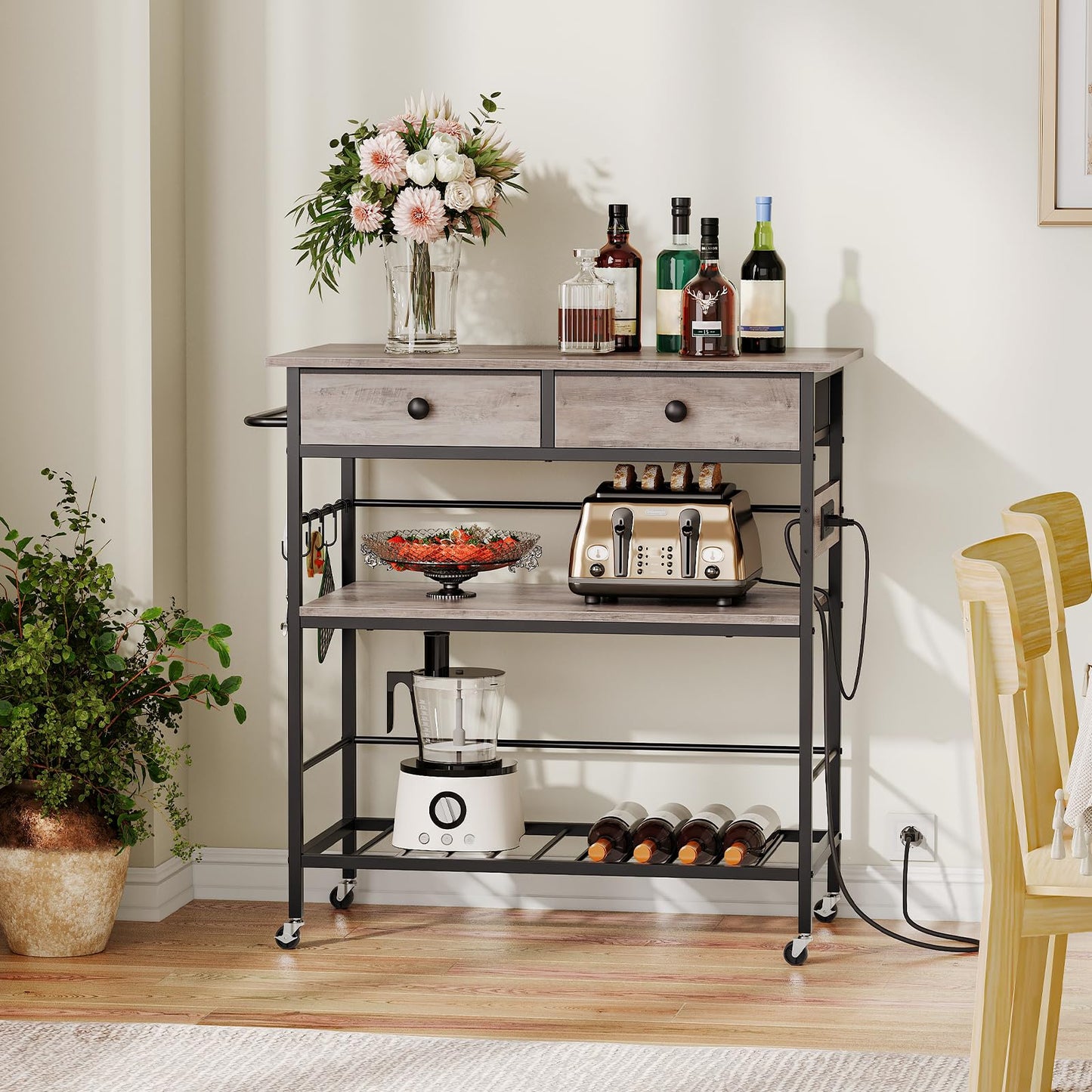 HOOBRO Kitchen Island with Storage, Rolling Island Cart for Kitchen with 2 Drawers & Outlet, 3 Tier Coffee Station and Microwave Stand, Kitchen Island Table for Home, Greige BG08UZD01