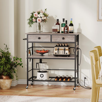 HOOBRO Kitchen Island with Storage, Rolling Island Cart for Kitchen with 2 Drawers & Outlet, 3 Tier Coffee Station and Microwave Stand, Kitchen Island Table for Home, Greige BG08UZD01