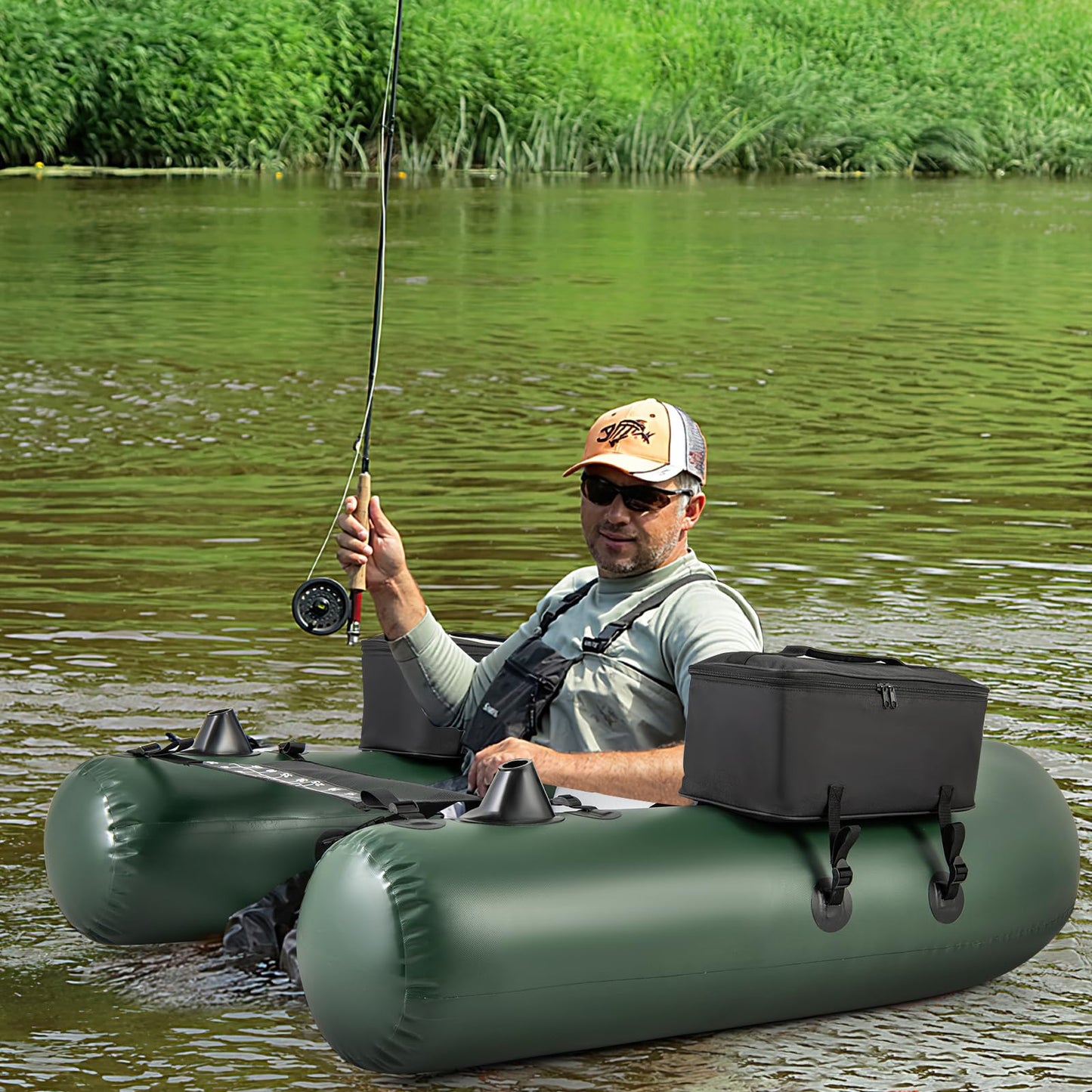Goplus Inflatable Float Tube, Fishing Belly Boat with Fish Ruler, 2 Detachable Storage Bags, Pump, Carry Bag, PVC Fish Boat w/Reinforced Drop Stitch Core for Rivers Lakes Angling, 352LBS Load Capacity