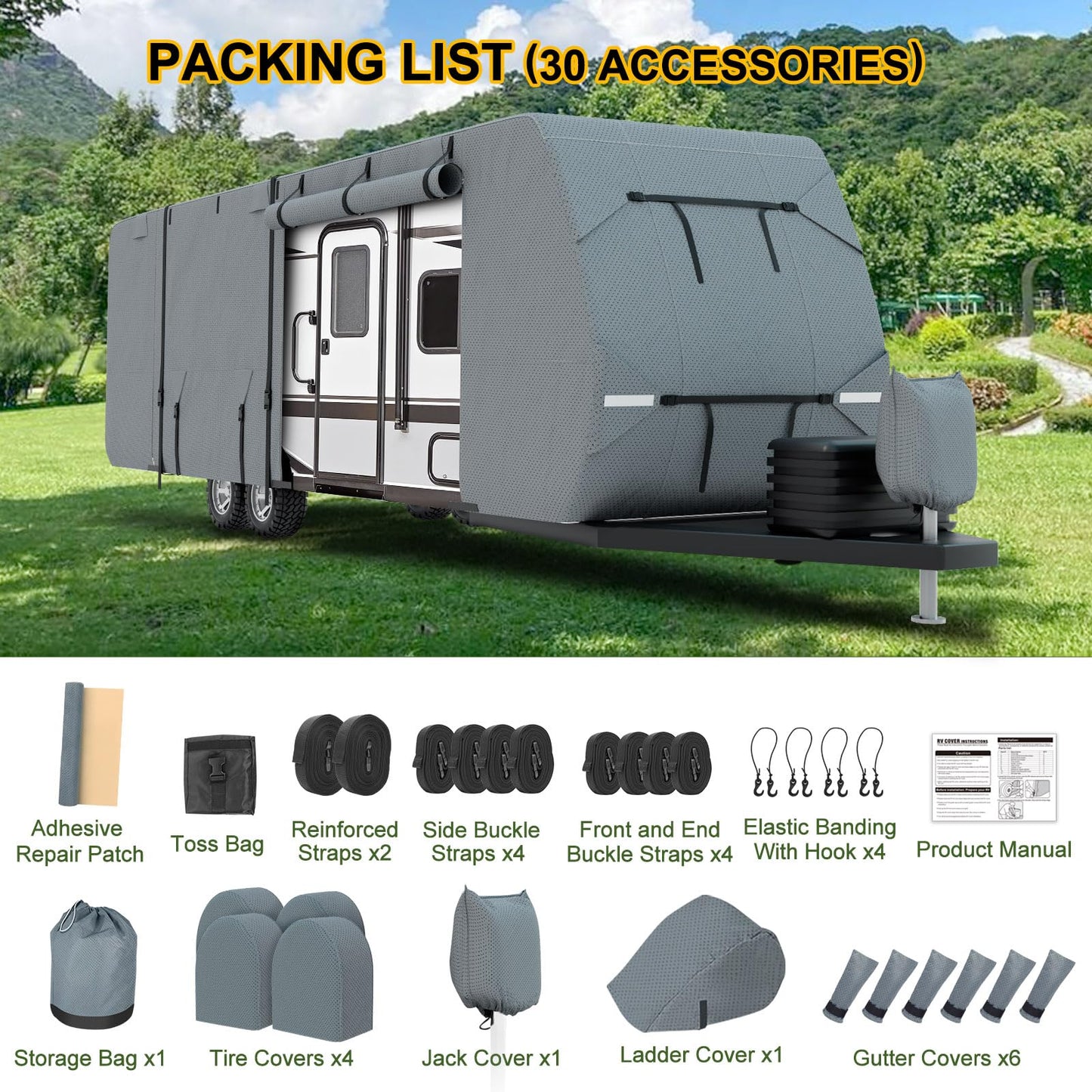 DenForste RV Cover 33-35ft, Travel Trailer Heavy Duty Extra-Thick 8 Layers Anti-UV Waterproof Windproof Camper Cover with Tongue Jack Cover, Extra Windproof Ropes, Gutter Covers