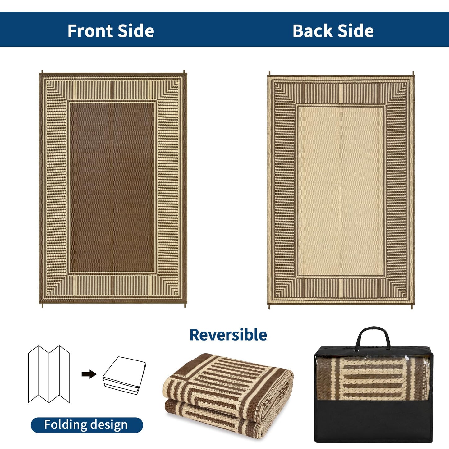 GAOMON 10x20 Waterproof Outdoor Rug Reversible Plastic Straw Rug Patio Camping Rugs, Lightweight UV Resistant RV Mat Foldable Stain Resistant Outside Carpet for Beach, Balcony, Porch,Border-Brown