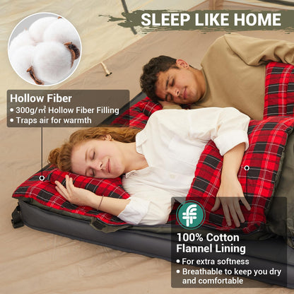 KingCamp Double Sleeping Bag for Adults, Queen Size 2 Person XXL Flannel Sleeping Bag, Waterproof Lightweight Flannel Quilt with 2 Pillows, Perfect for Couples Family Camping Hiking, Green