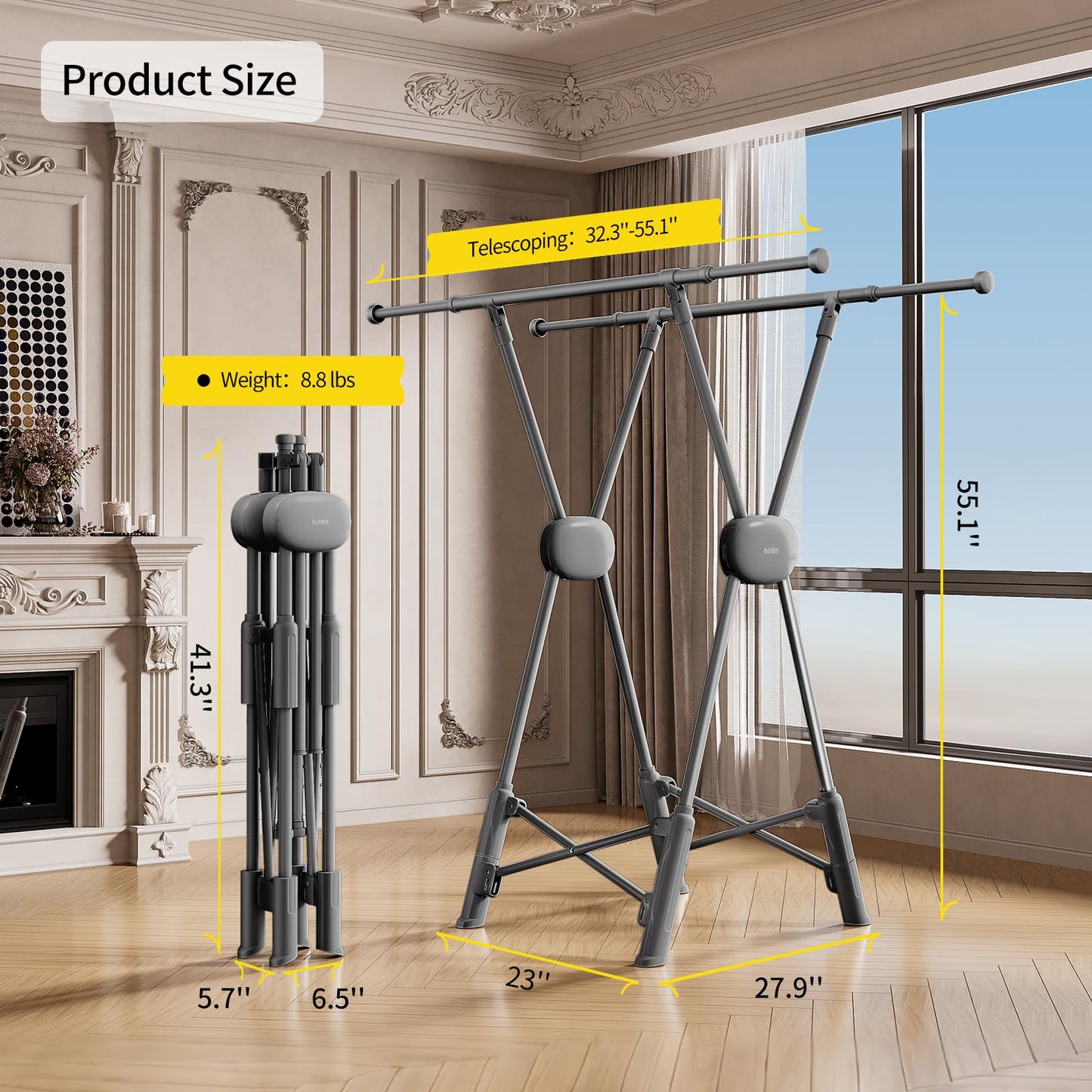 BIREN Clothes Drying Rack Heavy Duty Clothing Racks Foldable Laundry Rack Two Drying Modes Garment Racks for Drying Clothes, Adjustable Length from 32-55 Inches for Indoor Outdoor Use