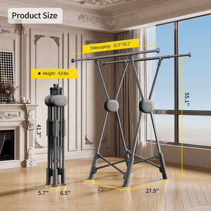 BIREN Clothes Drying Rack Heavy Duty Clothing Racks Foldable Laundry Rack Two Drying Modes Garment Racks for Drying Clothes, Adjustable Length from 32-55 Inches for Indoor Outdoor Use