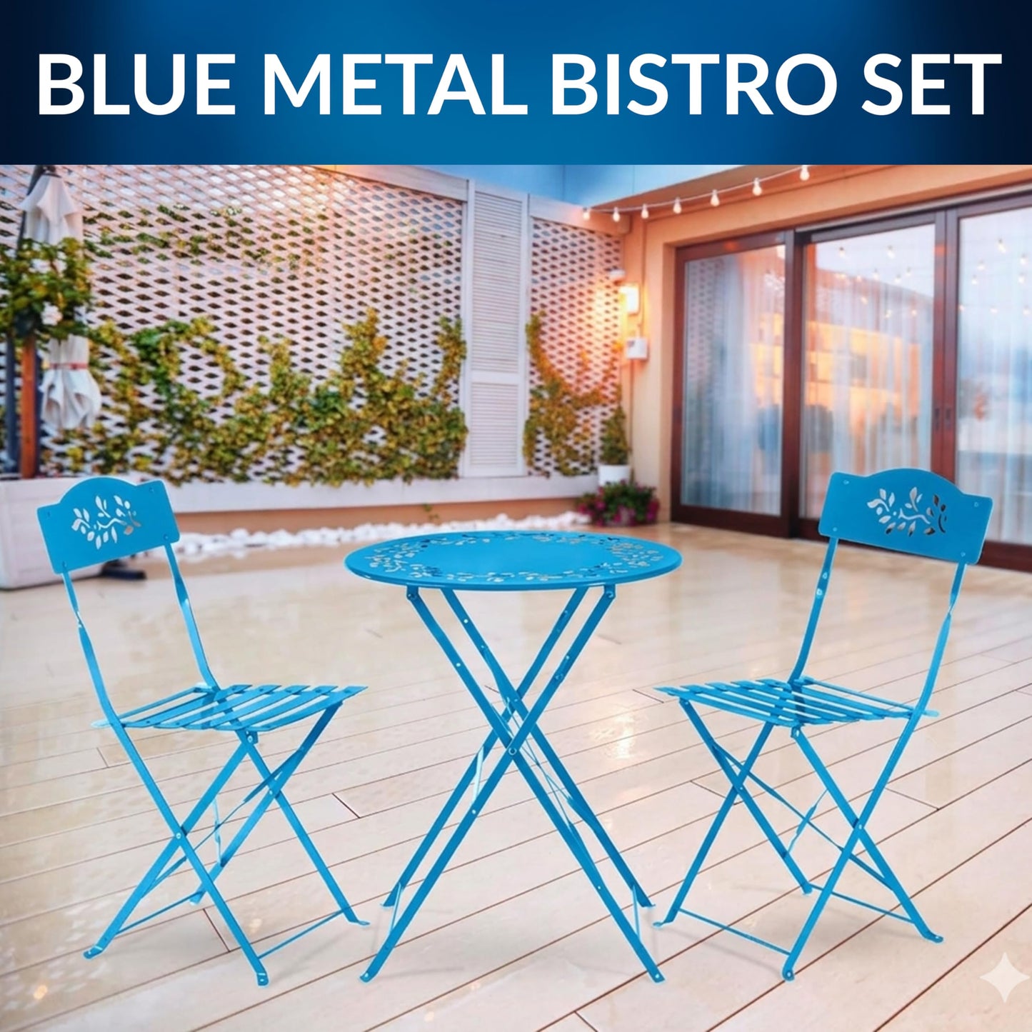 Alpine Corporation 3-Piece Bistro Set with Folding Table and 2 Chairs, Durable Steel Indoor/Outdoor Patio Furniture, Compact Seating, Blue