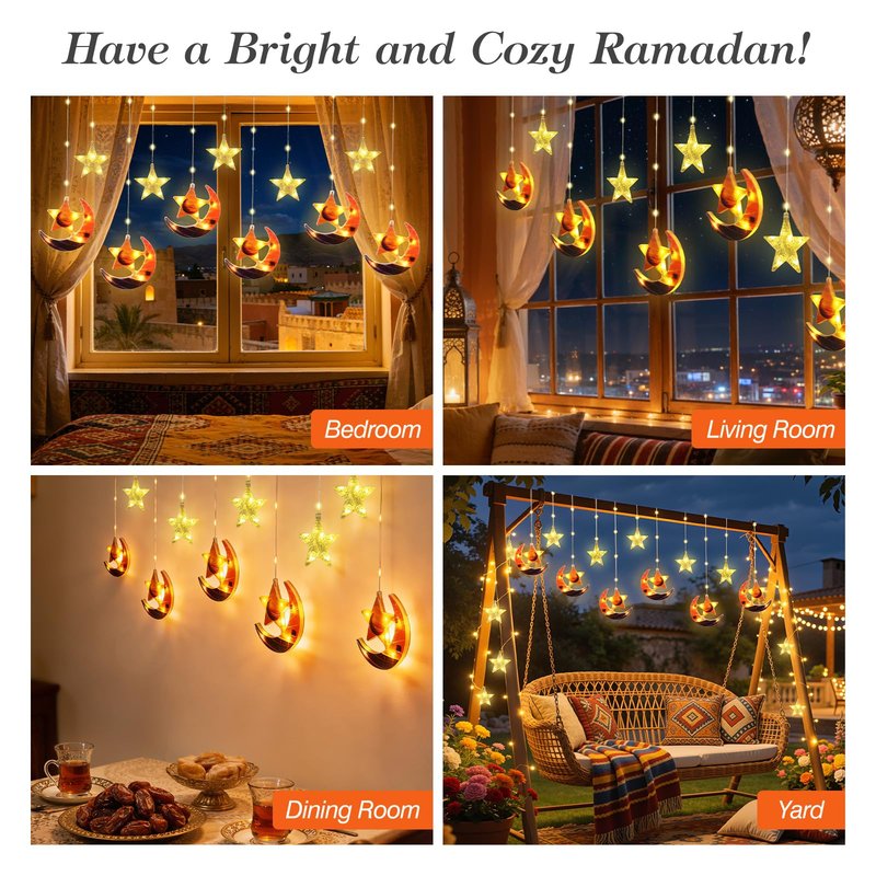 Lewondr Ramadan Curtain String Lights, 138 LED Moon Star Fairy Lights with 6H Timer, 8 Modes, Remote Control, USB Powered Curtain String Light, Eid Mubarak Decorations for Ramadan Home Decorations