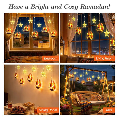 Lewondr Ramadan Curtain String Lights, 138 LED Moon Star Fairy Lights with 6H Timer, 8 Modes, Remote Control, USB Powered Curtain String Light, Eid Mubarak Decorations for Ramadan Home Decorations