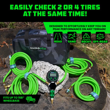 Rhino USA 4 Tire Inflation/Deflation System - Fits up to 155" Wheelbase - Ultra Fast 4 Way Tire Inflator Hose Kit for Truck, Car, Trailers & Motorcycles - Improved Design With On/Off Slide Valve