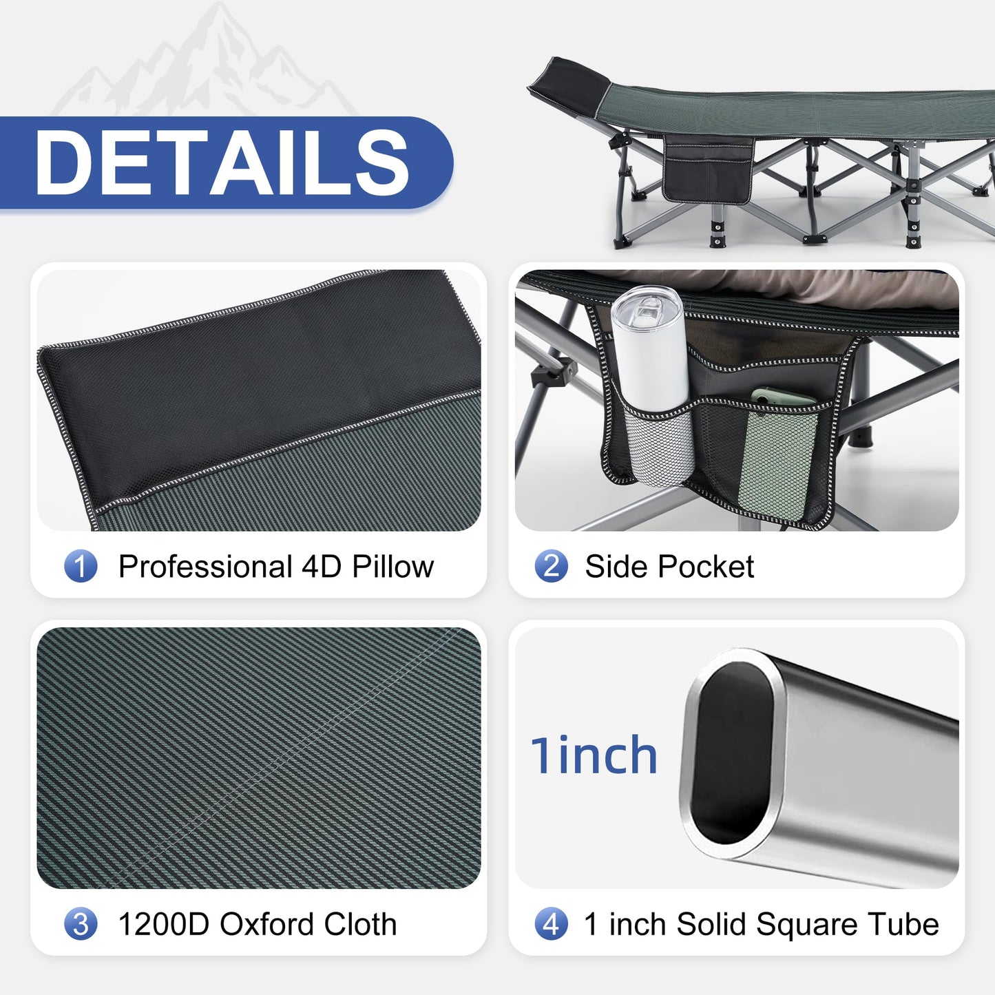 Fragess Camping Cot, Sleeping Cots, Portable Camping cots with Cushion, Pillow and Carry Bag, 1200D Double Layer Oxford, 600 LBS Weight Capacity Cots for Sleeping (Blue)