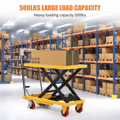 Heavy Duty Hydraulic Lift Table Cart for Stairs – 500 lbs Capacity, Single Scissor Manual Lifting, 28.5" Max Height, Non-Slip Platform, 4 Wheels for Safe Material Handling and Transportation
