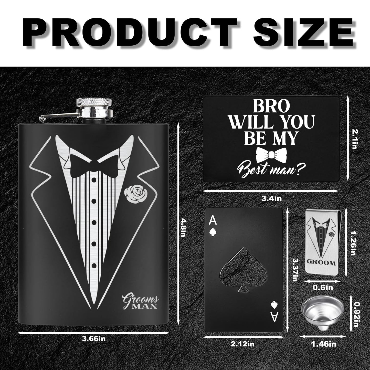 33 Pcs Groomsmen Proposal Gift - 8 Flasks 8 Funnel 8 Bottle Opener 6 Invitation Card 7 Money Clip, Groomsmen Gifts Set of 7 for Wedding