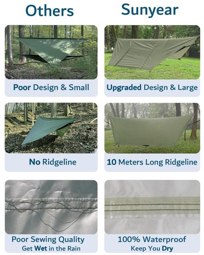 Sunyear Camping Hammock with Net & Rain Fly - Double & Single Hammock with House-Like Net- Easy Setup & Pack, Lightweight & Portable, Perfect for Hiking, Backpacking, Outdoor Sleeping